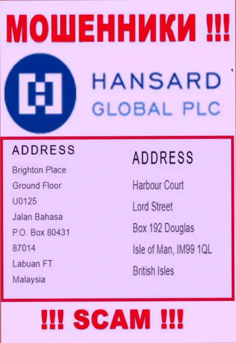 Добраться до конторы Хансард, чтоб вырвать вложенные денежные средства нельзя, они расположены в оффшоре: Harbour Court, Lord Street, Box 192, Douglas, Isle of Man IM99 1QL, British Isles
